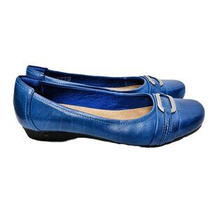 Clarks Blanche Rosa Flat Wedge Royal Blue Leather, Soft Cushion & Silver Buckle